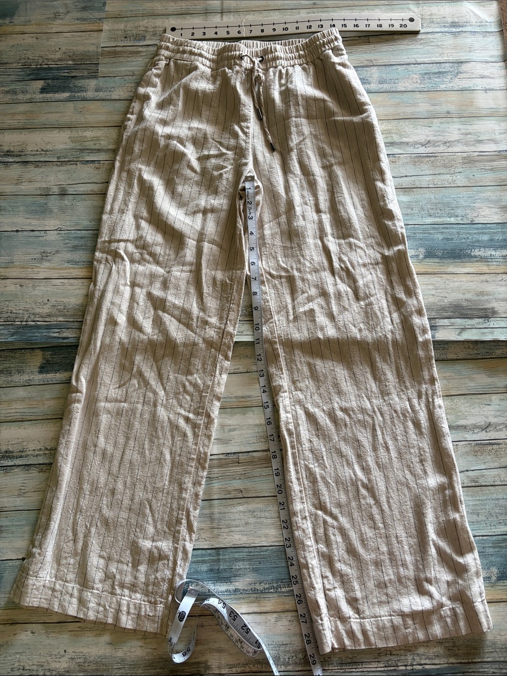 Maison D'Amelie Wide-Leg Linen Pinstripe Drawstring Pants in Beige - Picture 3 of 4